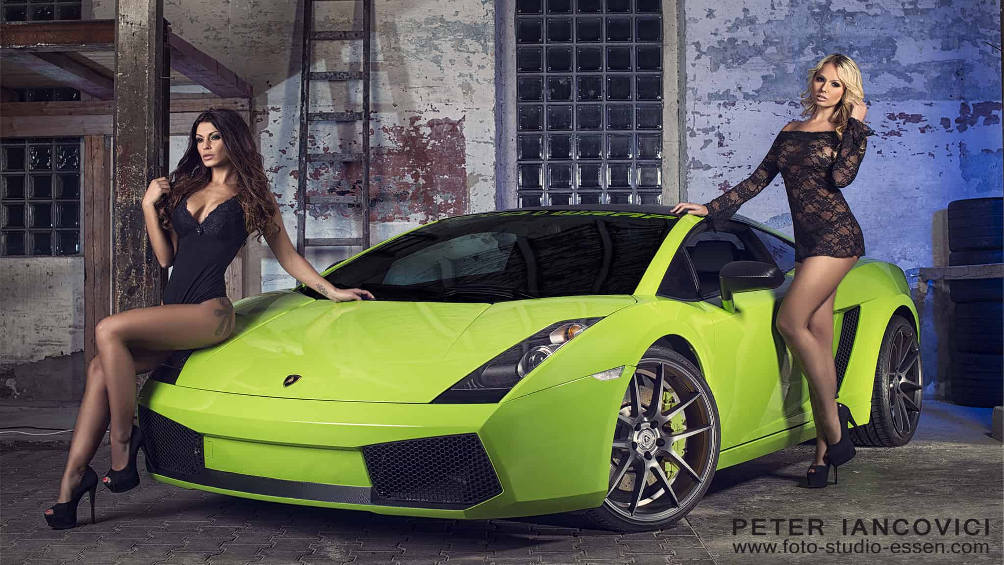 Green Lamborghini photographed with two models